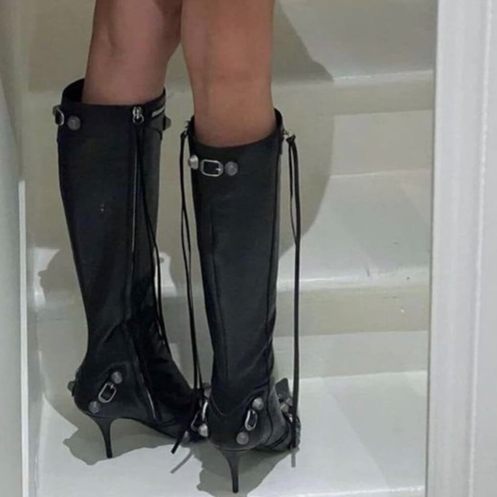 Black studded stiletto boots